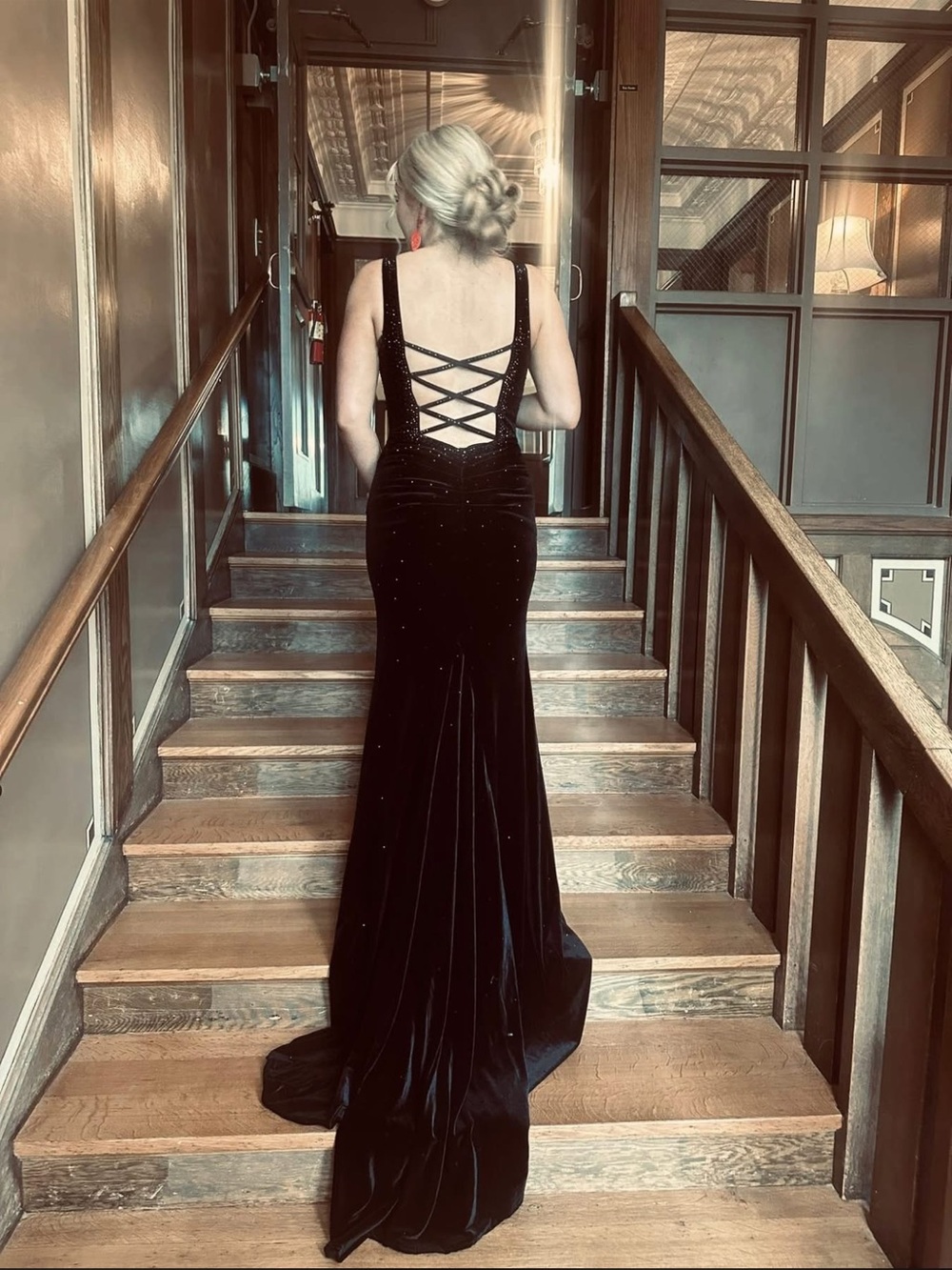 Johnathan Kayne Black Velvet Backless Prom Gown with Rhinestones